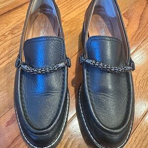 SARTO Black Leather Loafers with Chain Accent